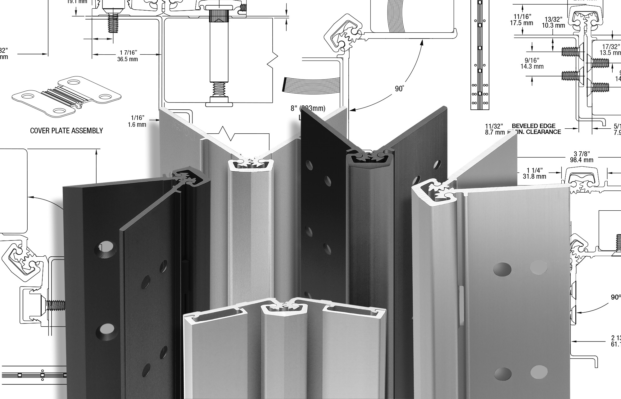 Assorted GEARED hinges with diagram background